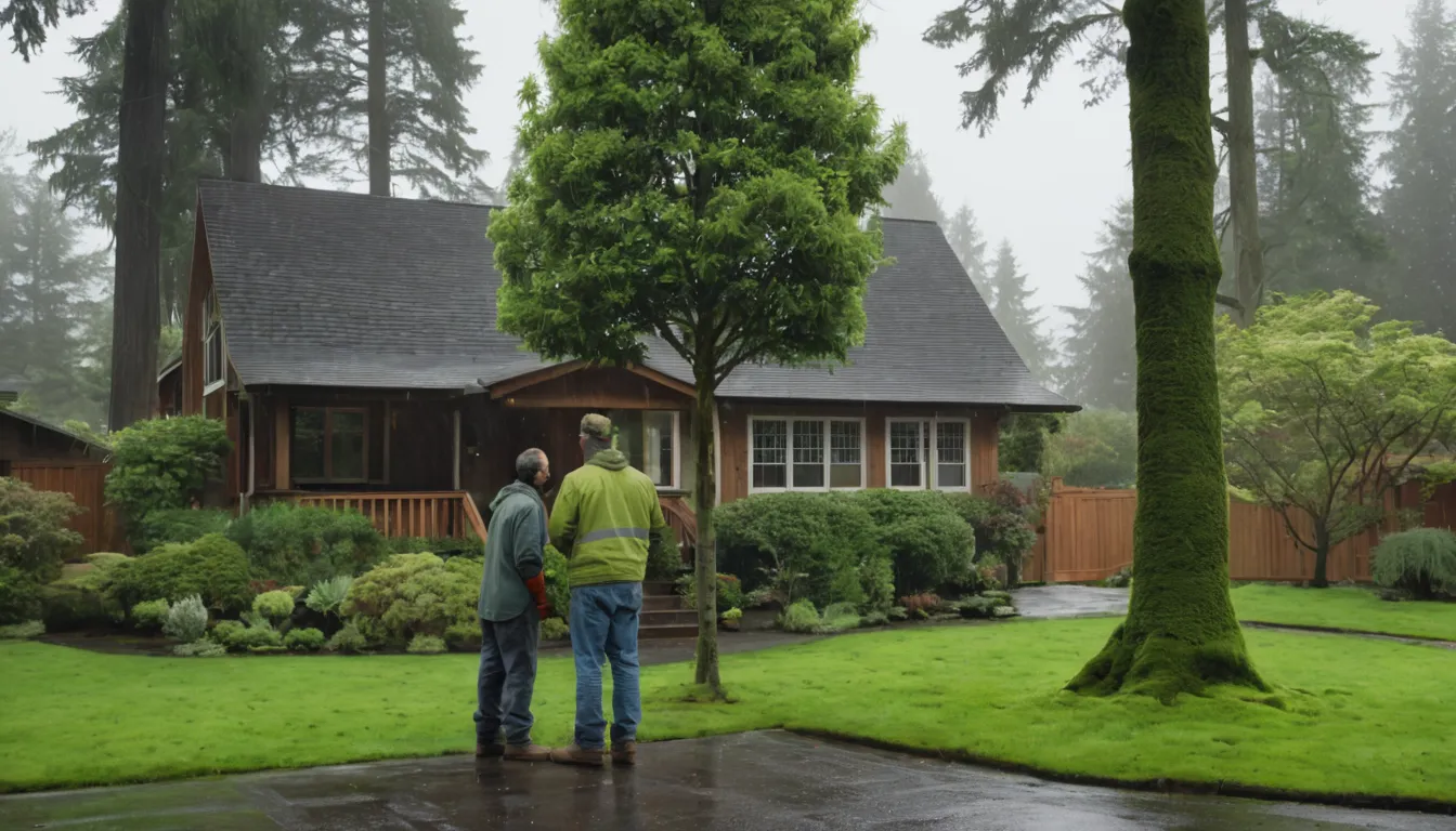 A homeowner and a local tree provider looking up at a tall tree beside a house in Wilkeson